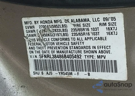 2006 Honda Odyssey Ex from USA, damaged, VIN 5FNRL38486B405492